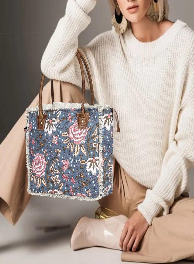 CREATIVE LEATHER ART حقيبة يد قماشية مزخرفة بنقوش زهور بوهيمية من كرييتيف ليذر آرت، مزودة بسحاب - حقيبة يد كبيرة السعة مع جيوب للهاتف والمحفظة، تتسع لجهاز كمبيوتر محمول مقاس 13 بوصة - حقيبة كتف كلاسيكية للنساء - Image 4